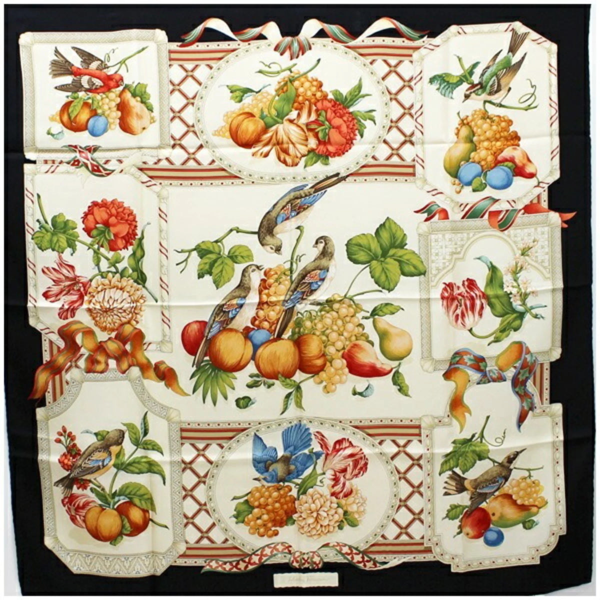 Pre-Owned Salvatore Ferragamo Ferragamo Silk Scarf Muffler Black x Ivory Tori Salvatore Women’s (Good)